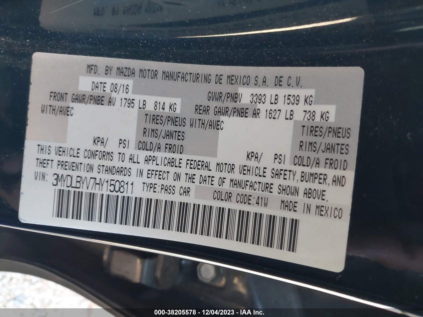 VIN 3MYDLBYV7HY150811 2017 TOYOTA YARIS IA
