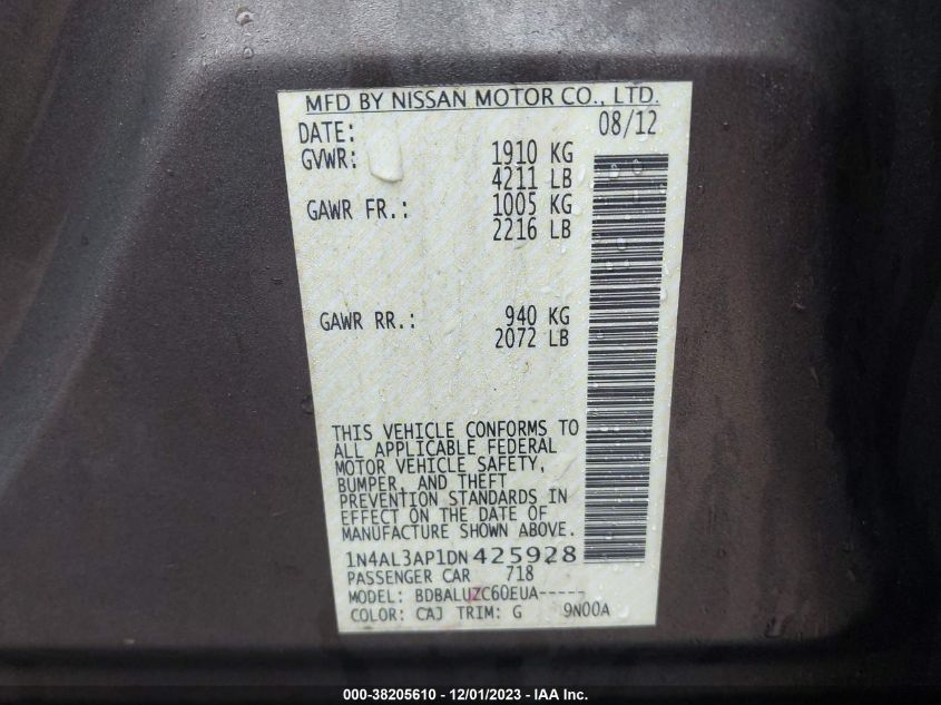 2013 NISSAN ALTIMA 2.5/S/SV/SL - 1N4AL3AP1DN425928