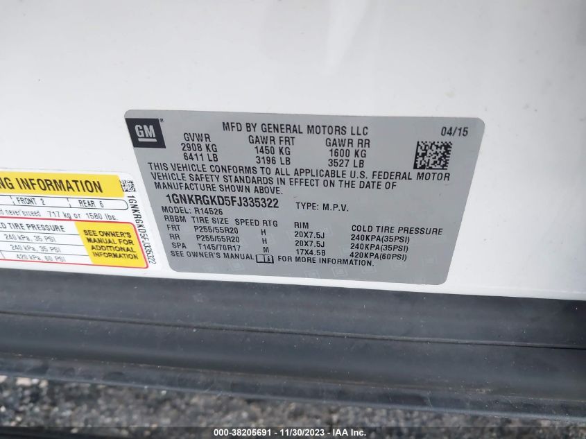 2015 CHEVROLET TRAVERSE LT - 1GNKRGKD5FJ335322
