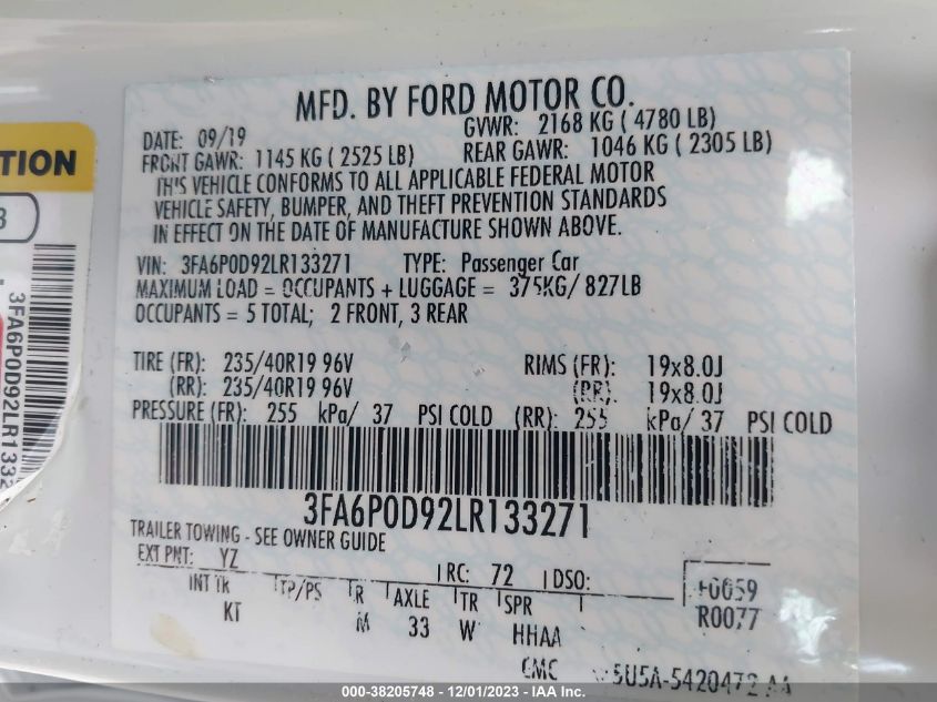 3FA6P0D92LR133271 2020 FORD FUSION, photo no. 9