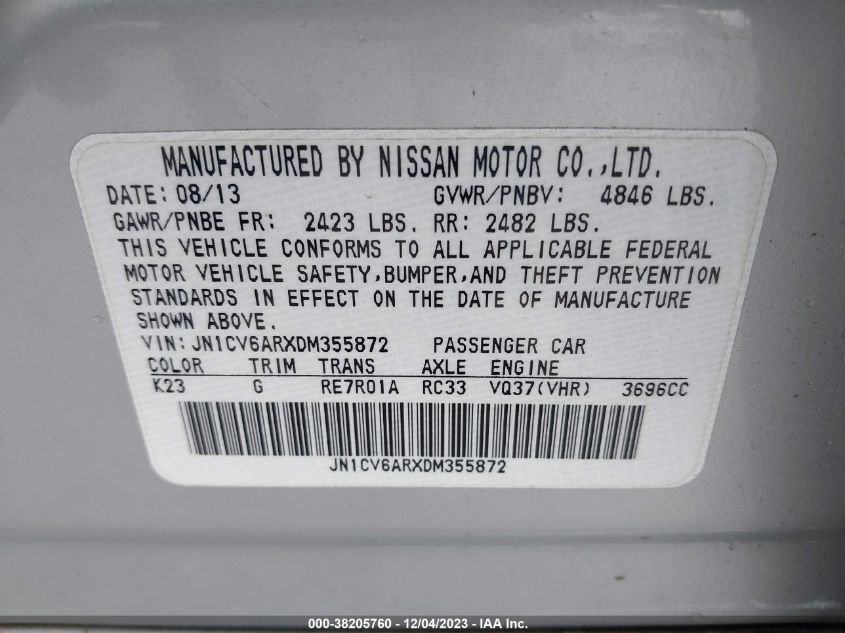 2013 INFINITI G37X JN1CV6ARXDM355872