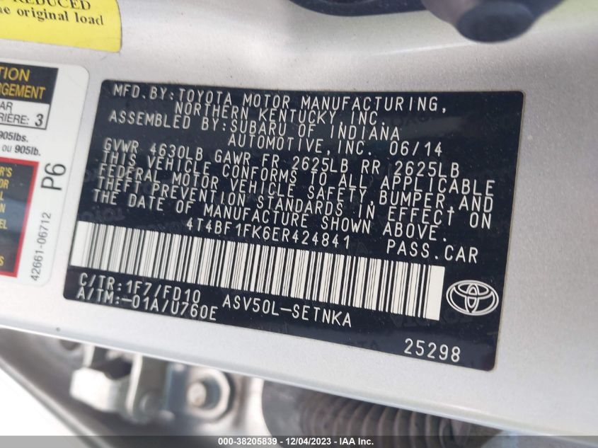 2014 TOYOTA CAMRY L/SE/LE/XLE - 4T4BF1FK6ER424841