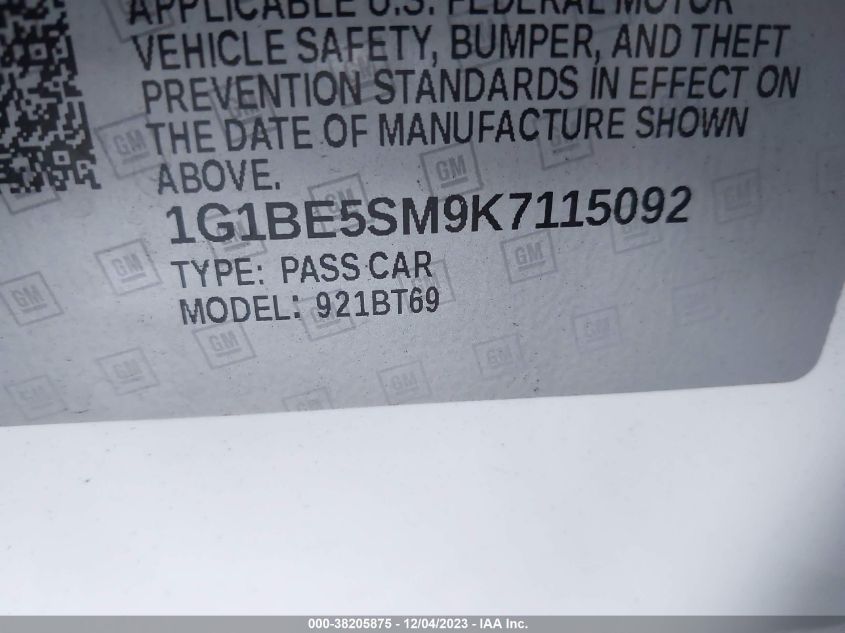 2019 CHEVROLET CRUZE LT - 1G1BE5SM9K7115092