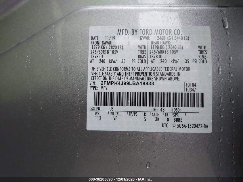 VIN 2FMPK4J99LBA18833 2020 FORD EDGE SEL