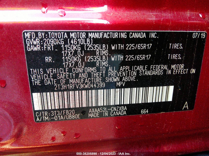 VIN 2T3H1RFV3KW044399 2019 TOYOTA RAV4 LE