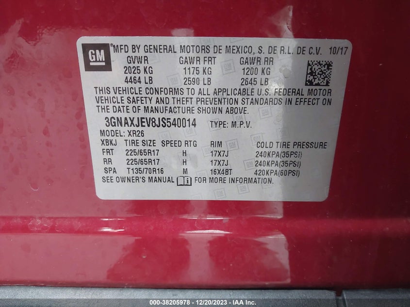 VIN 3GNAXJEV8JS540014 2018 CHEVROLET EQUINOX LT