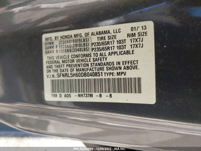 2013 HONDA ODYSSEY EX-L - 5FNRL5H60DB040851