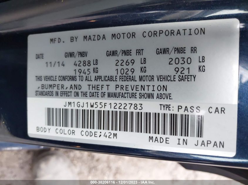 2015 MAZDA MAZDA6 GRAND TOURING JM1GJW55F1222783