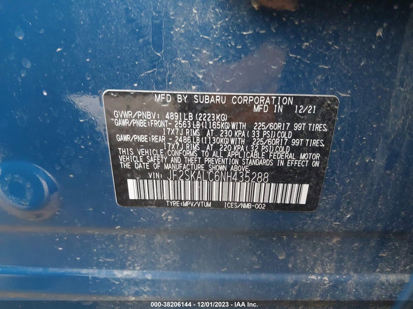 VIN JF2SKALC6NH435288 2022 SUBARU FORESTER WILDERNESS