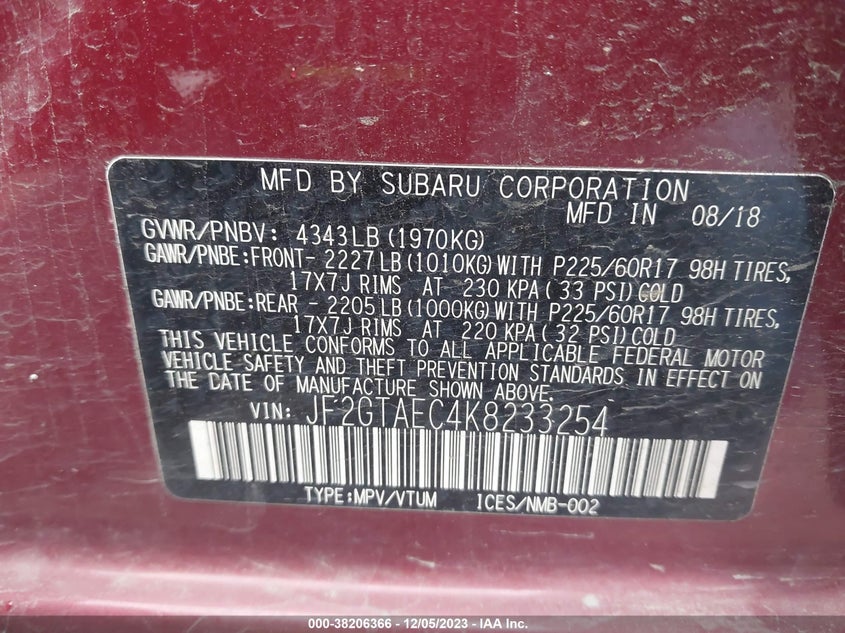VIN JF2GTAEC4K8233254 2019 SUBARU CROSSTREK 2.0I PREMIUM