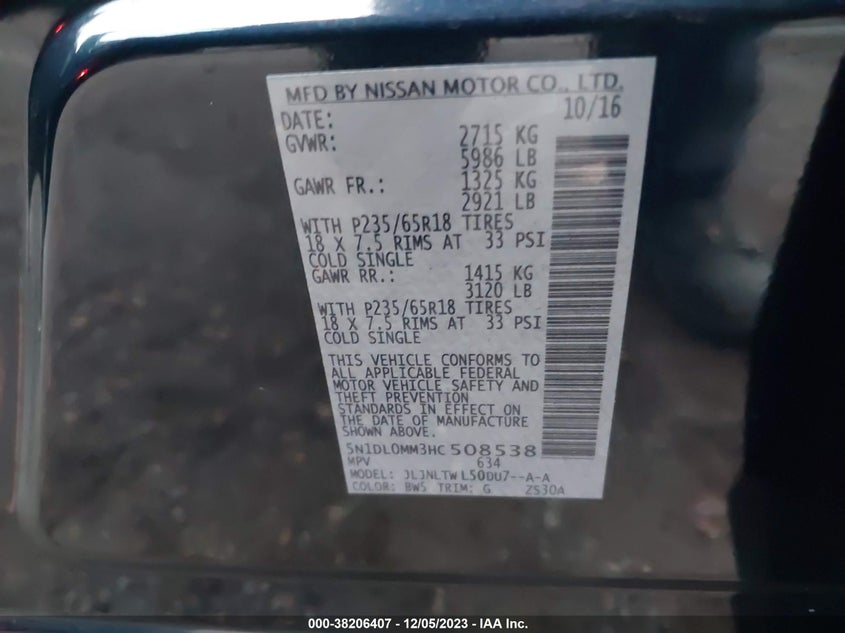 VIN 5N1DL0MM3HC508538 2017 INFINITI QX60