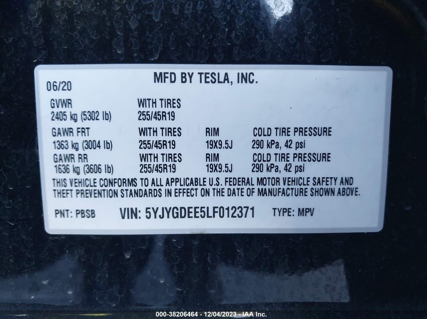 VIN 5YJYGDEE5LF012371 2020 TESLA MODEL Y