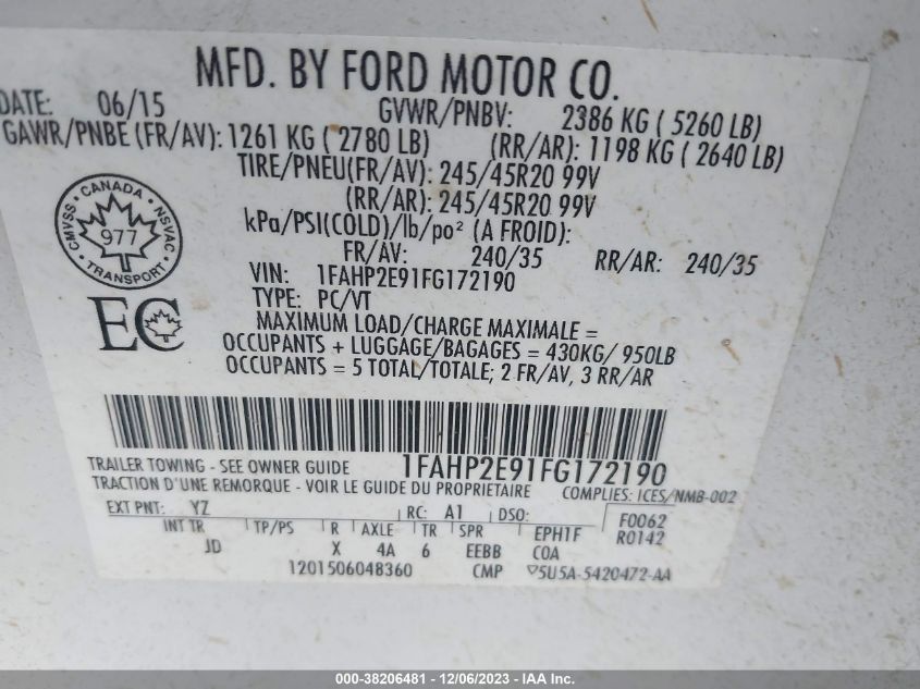2015 FORD TAURUS SEL - 1FAHP2E91FG172190