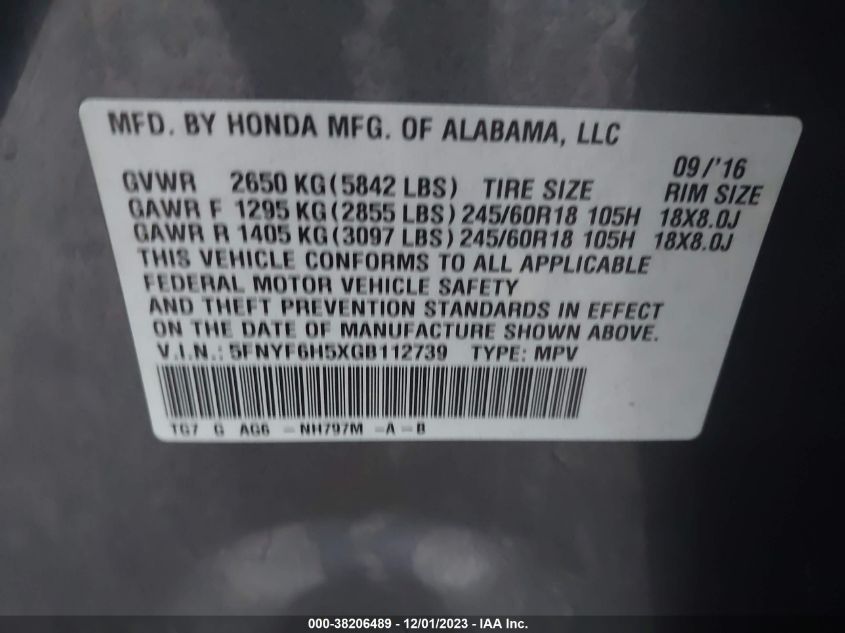 2016 HONDA PILOT EXL - 5FNYF6H5XGB112739