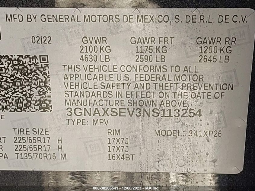 2022 CHEVROLET EQUINOX AWD LS - 3GNAXSEV3NS113254