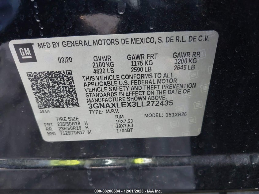 VIN 3GNAXLEX3LL272435 2020 CHEVROLET EQUINOX LT