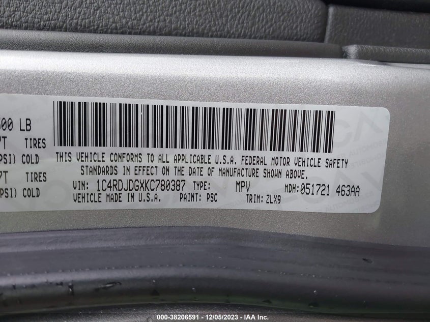 VIN 1C4RDJDGXKC780387 2019 DODGE DURANGO GT PLUS AWD