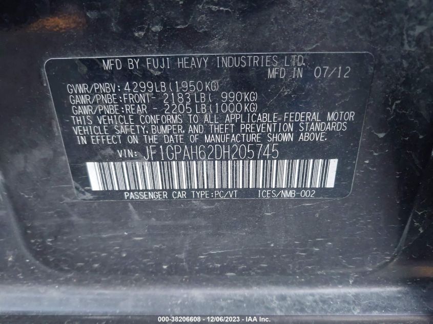 2013 SUBARU IMPREZA 2.0I LIMITED - JF1GPAH62DH205745