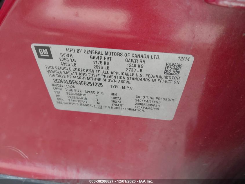 2015 CHEVROLET EQUINOX LT - 2GNALBEK4F6251225