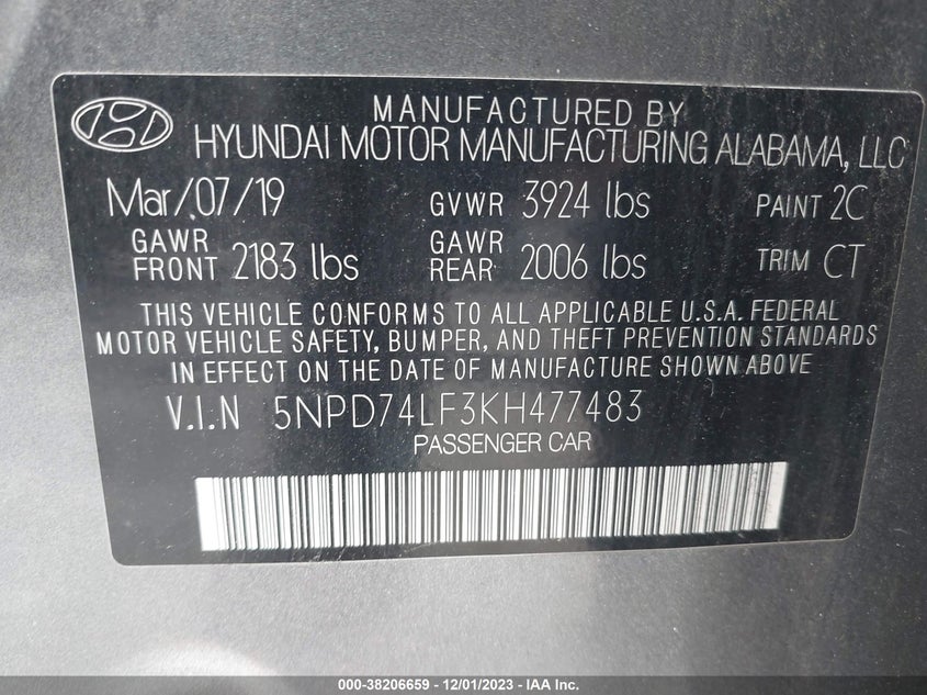 VIN 5NPD74LF3KH477483 2019 HYUNDAI ELANTRA SE
