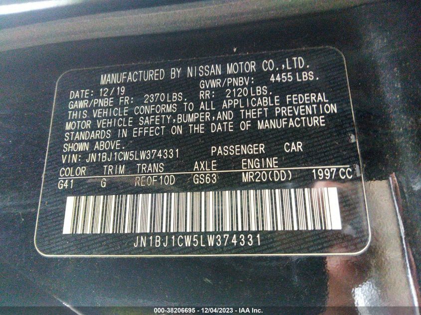 VIN JN1BJ1CW5LW374331 2020 NISSAN ROGUE SPORT S/SV/SL