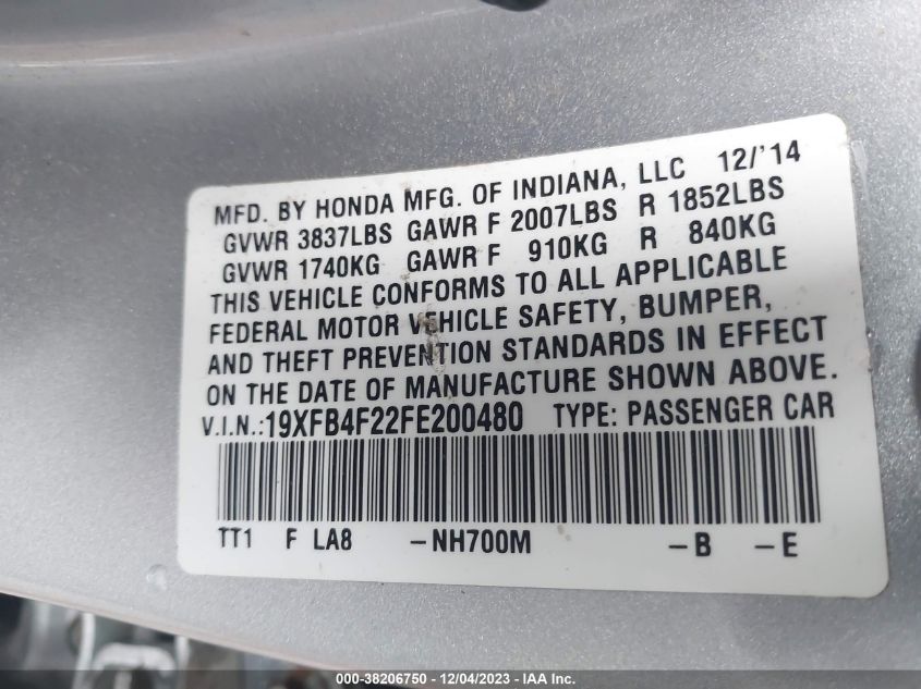 2015 HONDA CIVIC HYBRID - 19XFB4F22FE200480