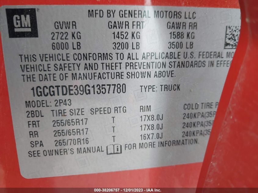 2016 CHEVROLET COLORADO Z71 - 1GCGTDE39G1357780