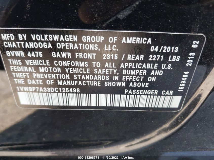 2013 VOLKSWAGEN PASSAT 2.5L SE - 1VWBP7A33DC125498