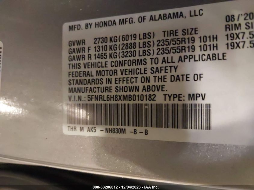 2021 HONDA ODYSSEY TOURING - 5FNRL6H8XMB010182