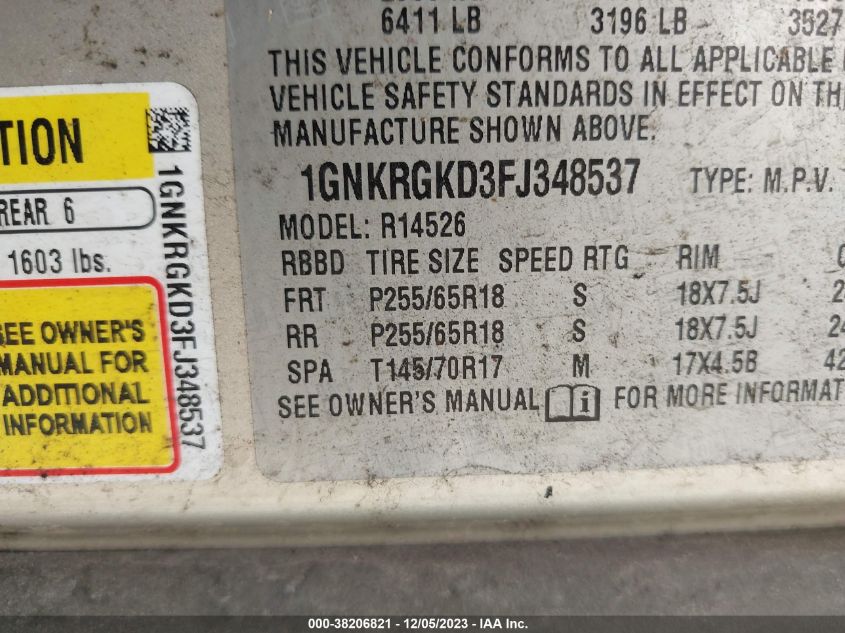 2015 CHEVROLET TRAVERSE LT - 1GNKRGKD3FJ348537