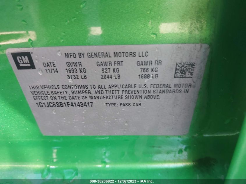 2015 CHEVROLET SONIC LT AUTO - 1G1JC6SB1F4143417