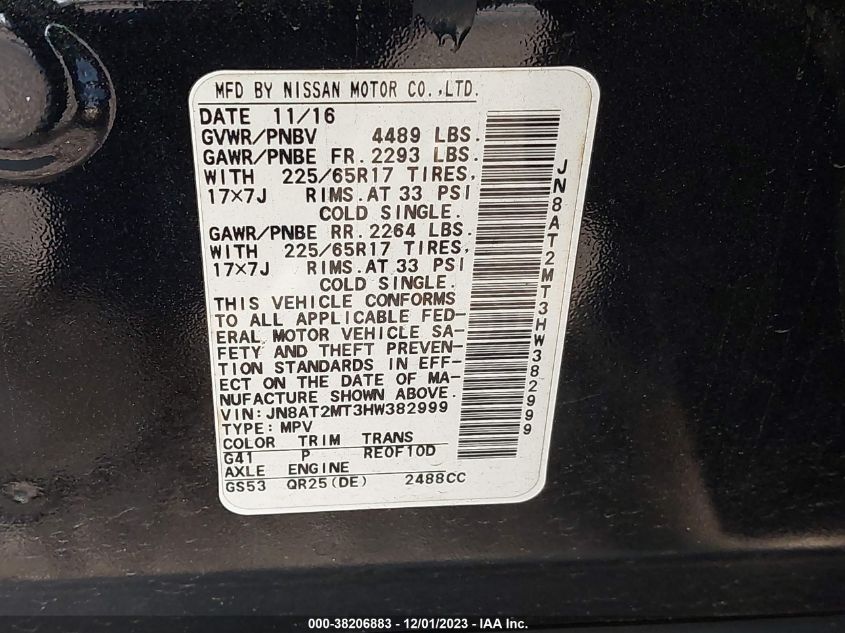 2017 NISSAN ROGUE S/SL/SV - JN8AT2MT3HW382999