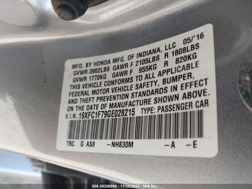 2016 HONDA CIVIC EX-L - 19XFC1F79GE028215