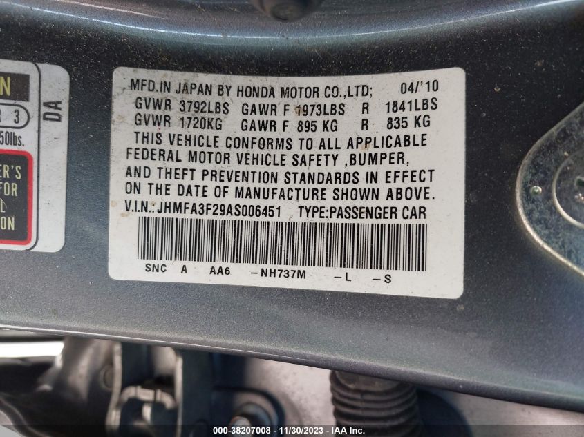 JHMFA3F29AS006451 | 2010 HONDA CIVIC HYBRID