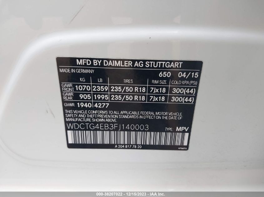 2015 MERCEDES-BENZ GLA 250 - WDCTG4EB3FJ140003