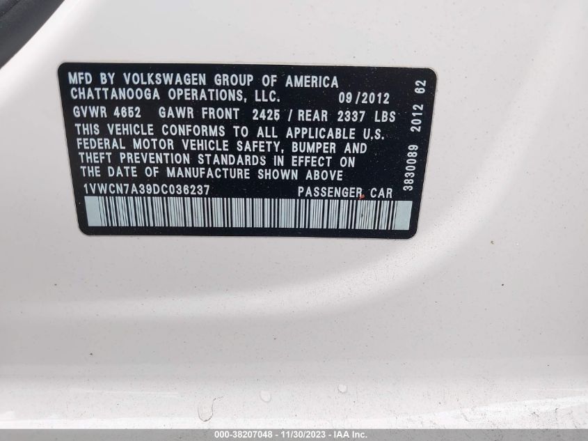 2013 VOLKSWAGEN PASSAT 2.0L TDI SEL PREMIUM - 1VWCN7A39DC036237