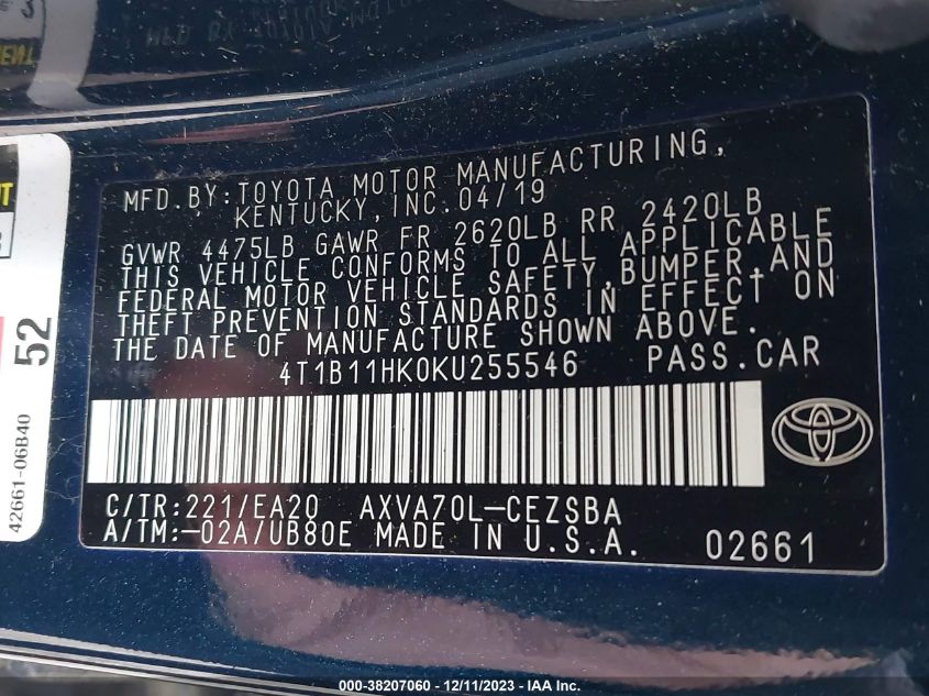 2019 TOYOTA CAMRY SE - 4T1B11HK0KU255546