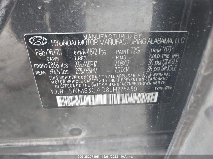 2020 HYUNDAI SANTA FE SEL/SEL PLUS - 5NMS3CAD8LH228450