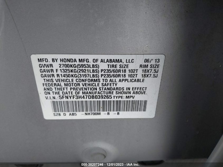2013 HONDA PILOT EX - 5FNYF3H47DB039265