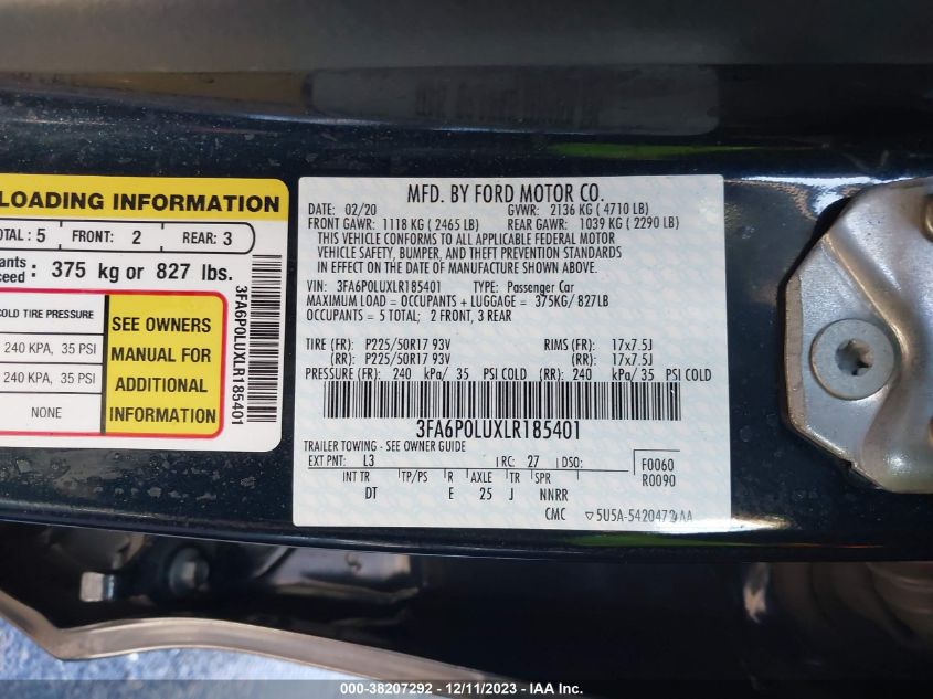 2020 FORD FUSION SE - 3FA6P0LUXLR185401