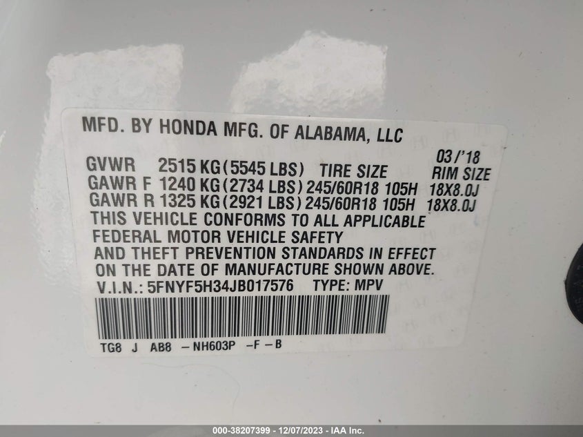 VIN 5FNYF5H34JB017576 2018 HONDA PILOT EX
