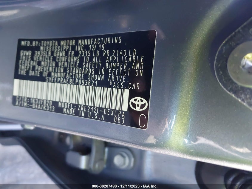 VIN 5YFEPRAE8LP093621 2020 TOYOTA COROLLA LE