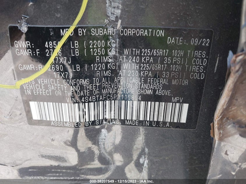 VIN 4S4BTAFC5P3115804 2023 SUBARU OUTBACK PREMIUM