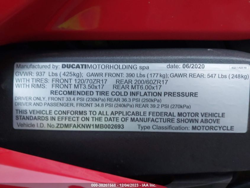 2021 DUCATI STREETFIGHTER V4/V4S ZDMFAKNW1MB002693