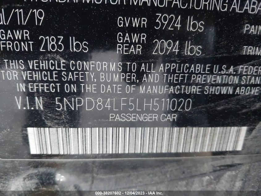 2020 HYUNDAI ELANTRA SEL - 5NPD84LF5LH511020