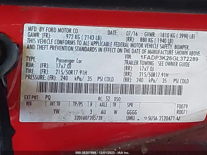 2016 FORD FOCUS SE - 1FADP3K26GL372289