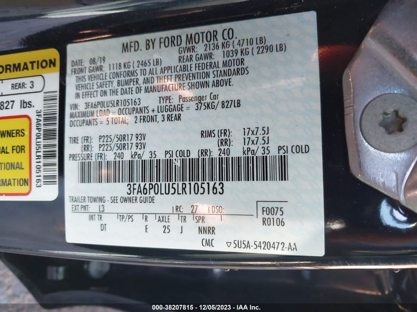 2020 FORD FUSION HYBRID SE - 3FA6P0LU5LR105163