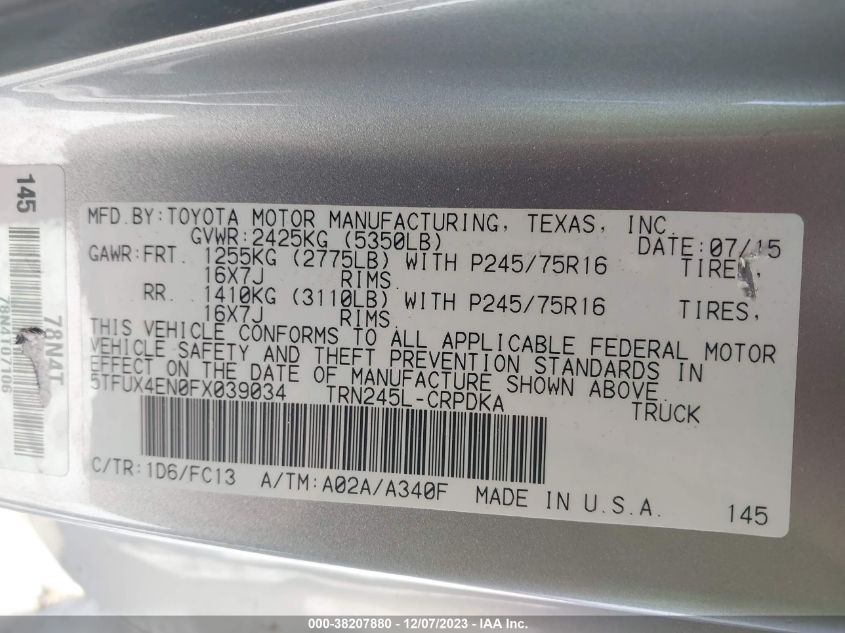 2015 TOYOTA TACOMA ACCESS CAB - 5TFUX4EN0FX039034