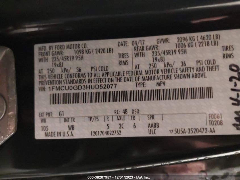 1FMCU0GD3HUD52077 2017 FORD ESCAPE, photo no. 9