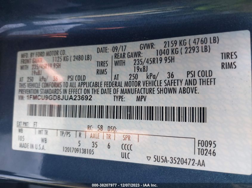 2018 FORD ESCAPE SE - 1FMCU9GD8JUA23692